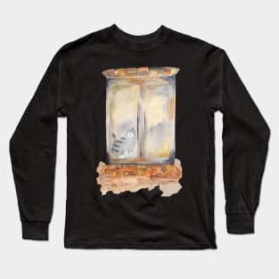 Watercolor Art Cat in the window Long Sleeve T-Shirt